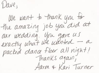 Handwritten thank-you note from Aaron and Kari Turner
