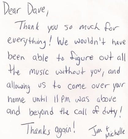 Handwritten thank-you note from Jim and Michelle