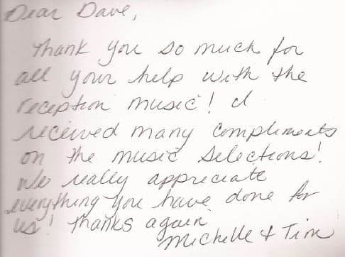 Handwritten thank-you note from Michelle and Tim