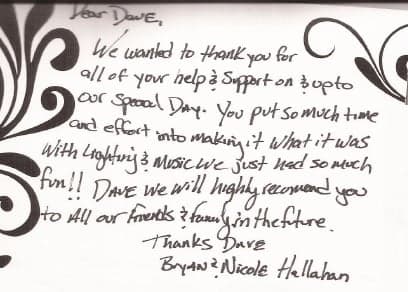 Handwritten thank-you note from Bryan and Nicole Hallahan