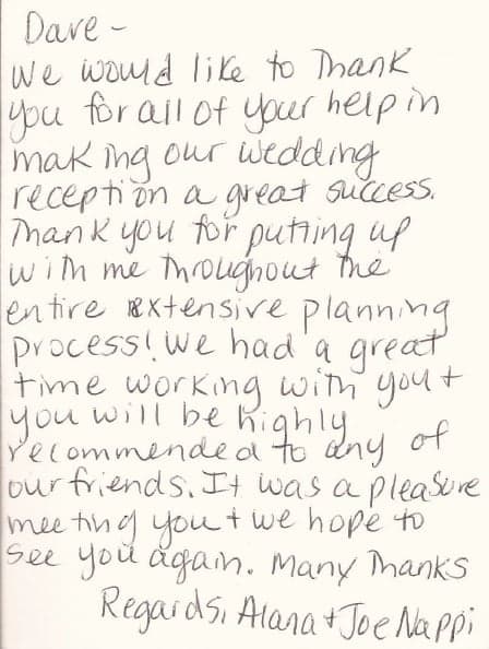 Handwritten thank-you note from Alana and Joe Nappi