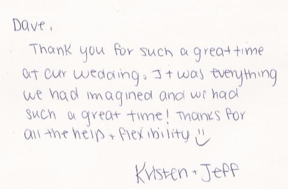 Handwritten thank-you note from Kristen and Jeff