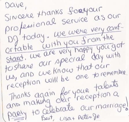 Handwritten thank-you note from Lisa and Peter