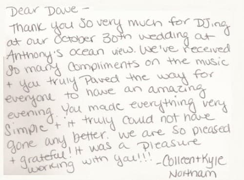 Handwritten thank-you note from Colleen and Kyle Northam
