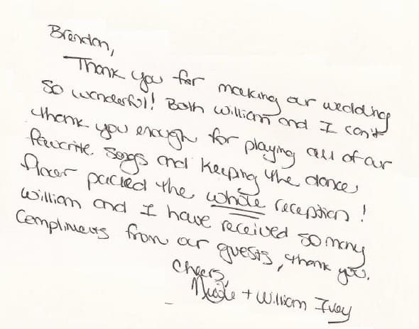 Handwritten thank-you note from Nicole and William Ivey