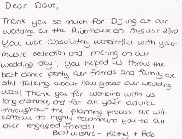 Handwritten thank-you note from Kathy and Rob