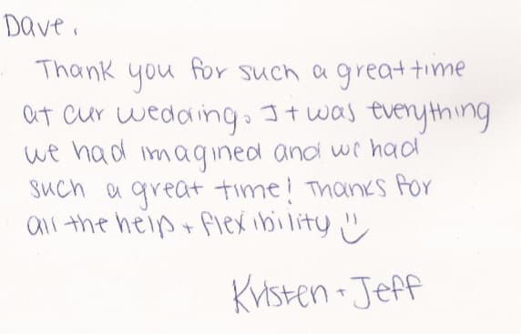 Handwritten thank-you note from Kristen and Jeff about their great time