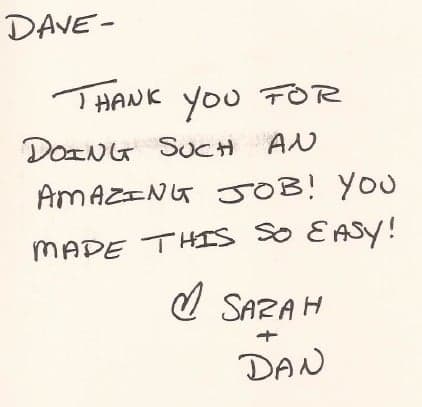 Handwritten thank-you note from Sarah and Dan