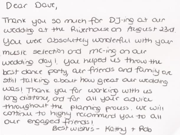 Handwritten thank-you note from Kathy and Rob at the Riverhouse