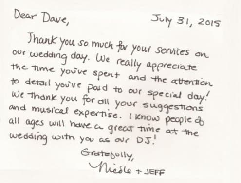 Handwritten thank-you note from Nicole and Jeff