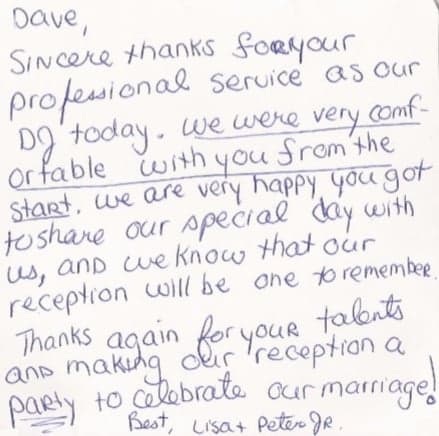 Handwritten thank-you note from Lisa and Peter