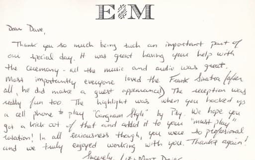 Handwritten thank-you note from Liz and Marc Davis
