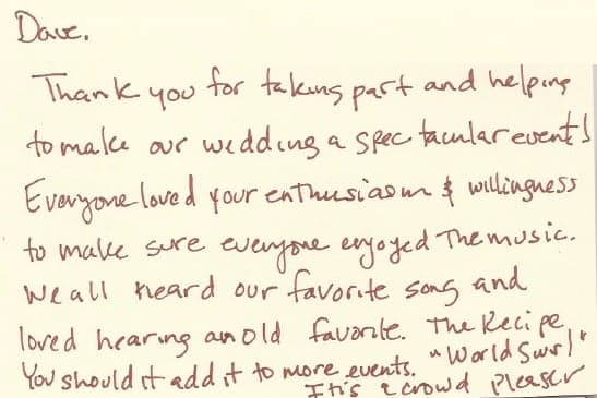 Handwritten thank-you note about making the wedding spectacular